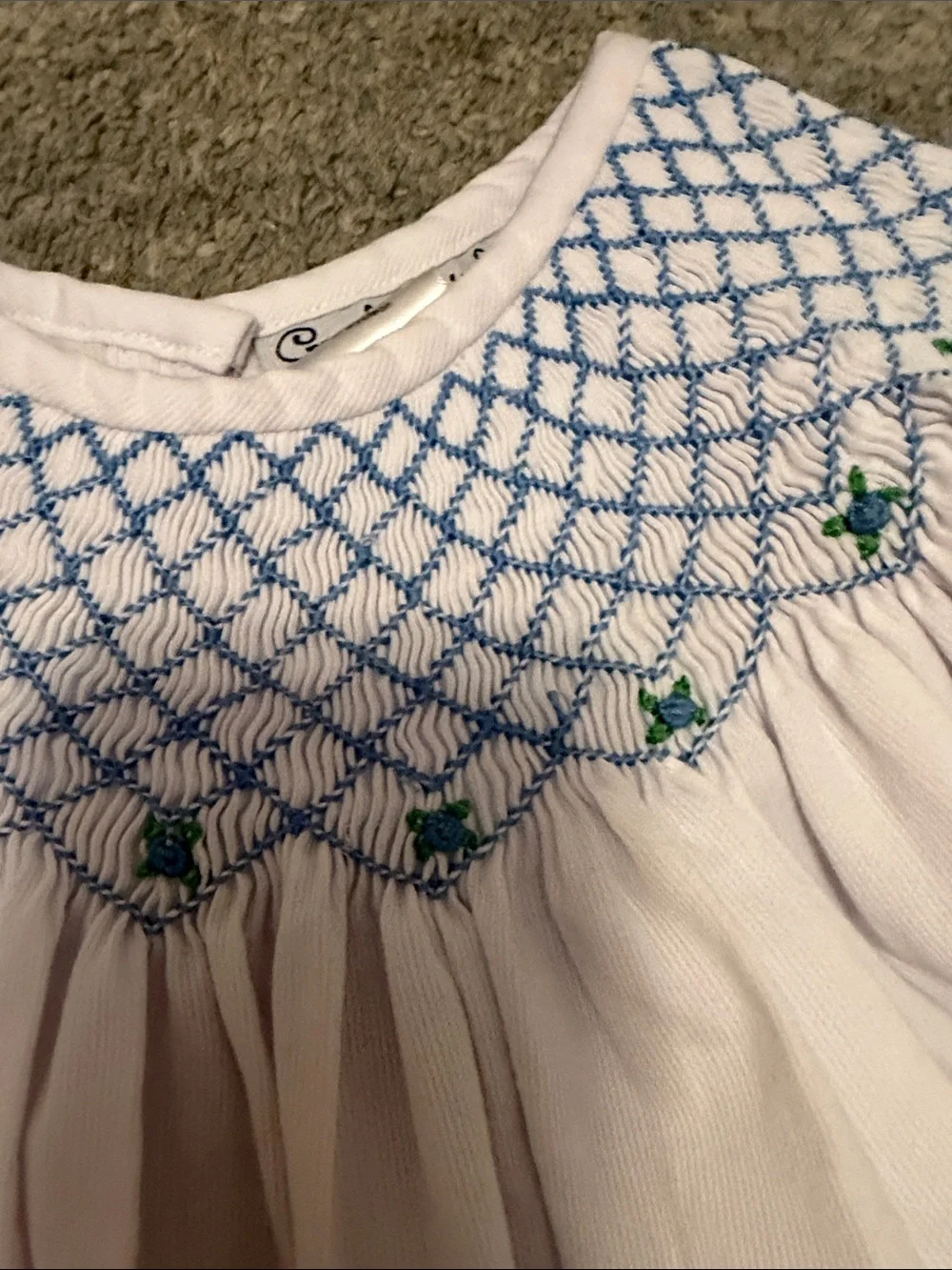 Smocking Bird set , Smocked White Baby Top with Blue Bloomer Set